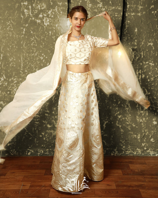 Pure Silk Cotton Handloom Shimmer White Lehenga Set with Chiffon Dupatta - SILKFAB