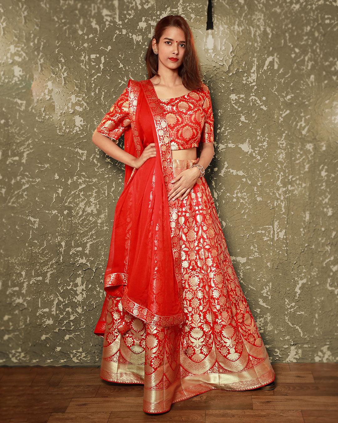 Banarasi Silk Red Lehenga Set Floral Motif With Chiffon Dupatta - SILKFAB