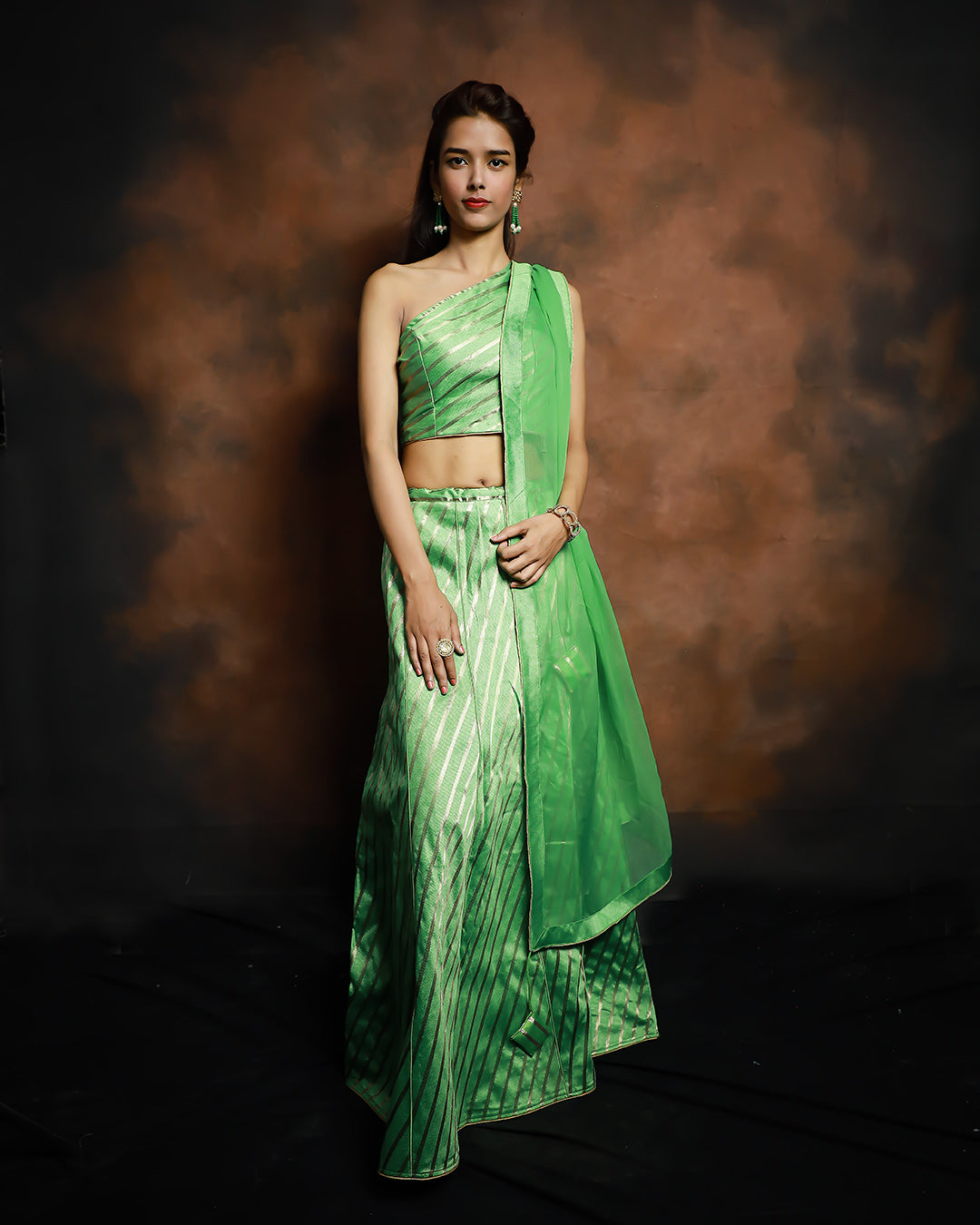 Banarasi Silk Satin Striped Green Lehenga Set With Designer Blouse - SILKFAB
