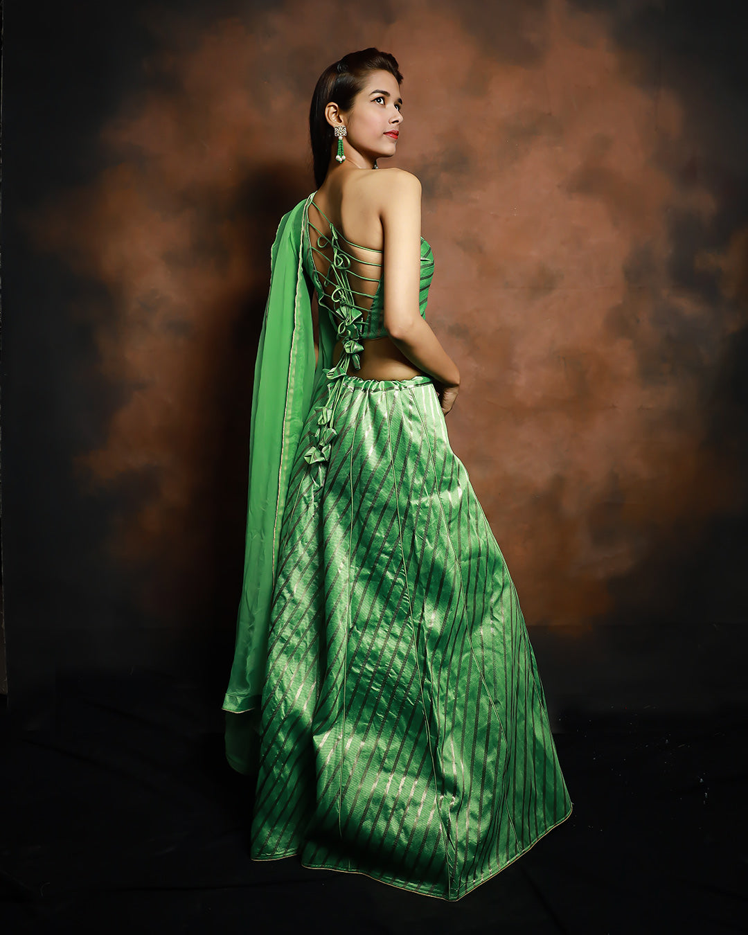 Banarasi Silk Satin Striped Green Lehenga Set With Designer Blouse - SILKFAB