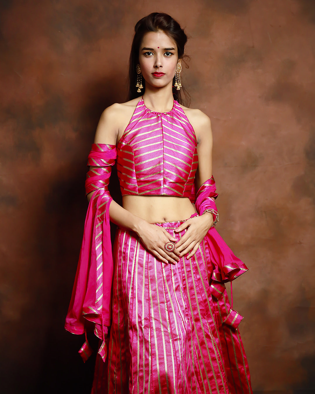 Banarasi Silk Satin Striped Pink Lehenga Set With Designer Blouse - SILKFAB
