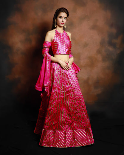 Banarasi Silk Satin Striped Pink Lehenga Set With Designer Blouse - SILKFAB