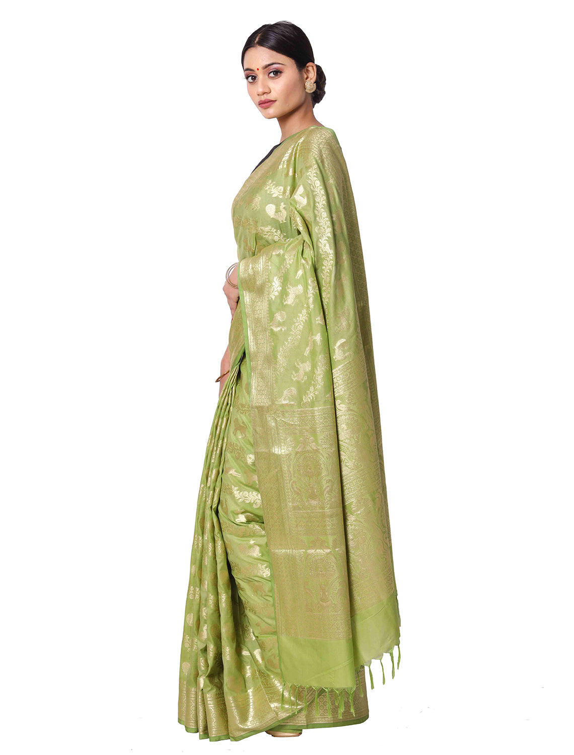 Silkfab Women's Banarasi Silk Saree Shikargah Khaddi 3D Pista Green - SILKFAB