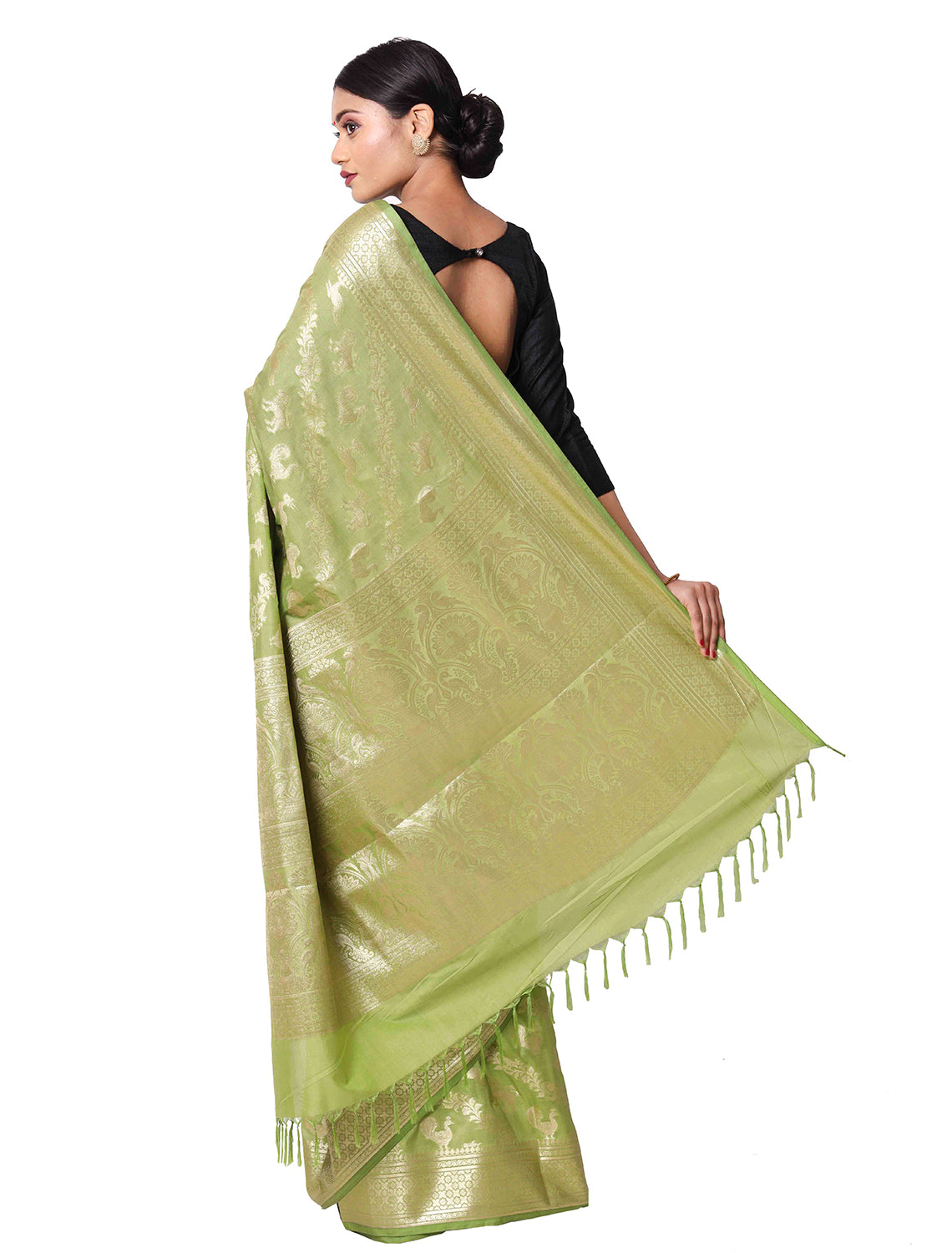 Silkfab Women's Banarasi Silk Saree Shikargah Khaddi 3D Pista Green - SILKFAB