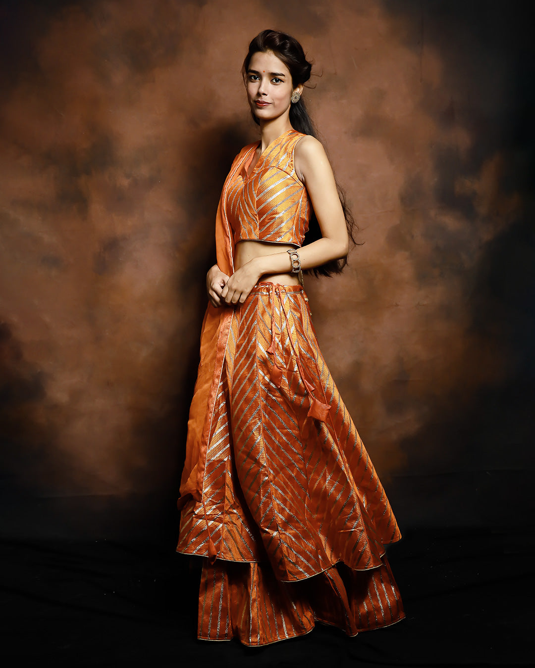 Banarasi Silk Satin Striped Orange Lehenga Set With Designer Blouse - SILKFAB