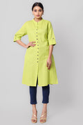 Silkfab Women's Cotton Flax Solid A Line Kurta Florocent Green - SILKFAB
