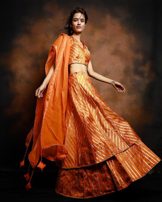 Banarasi Silk Satin Striped Orange Lehenga Set With Designer Blouse - SILKFAB