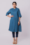 Silkfab Women's Cotton Flax Solid A Line Kurta Peacock Blue - SILKFAB