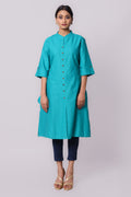 Silkfab Women's Cotton Flax Solid A Line Kurta Sapphire - SILKFAB
