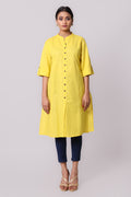 Silkfab Women's Cotton Flax Solid A Line Kurta Yellow - SILKFAB