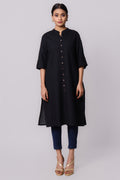 Silkfab Women's Cotton Flax Solid A Line Kurta Black - SILKFAB