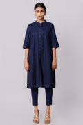 Silkfab Women's Cotton Flax Solid A Line Kurta Navy Blue - SILKFAB