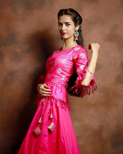 Banarasi Silk Pink Lehenga Set with Designer Top and Dupatta - SILKFAB