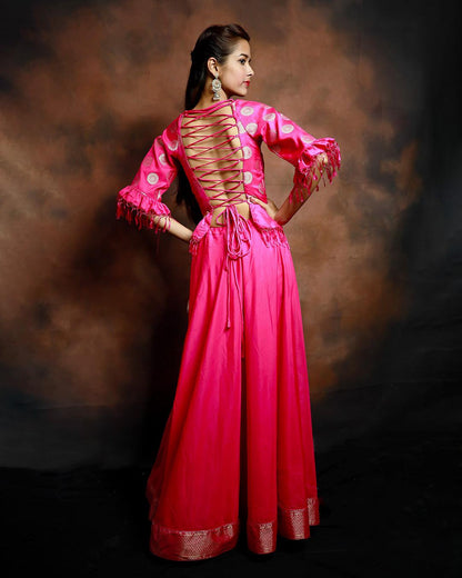 Banarasi Silk Pink Lehenga Set with Designer Top and Dupatta - SILKFAB