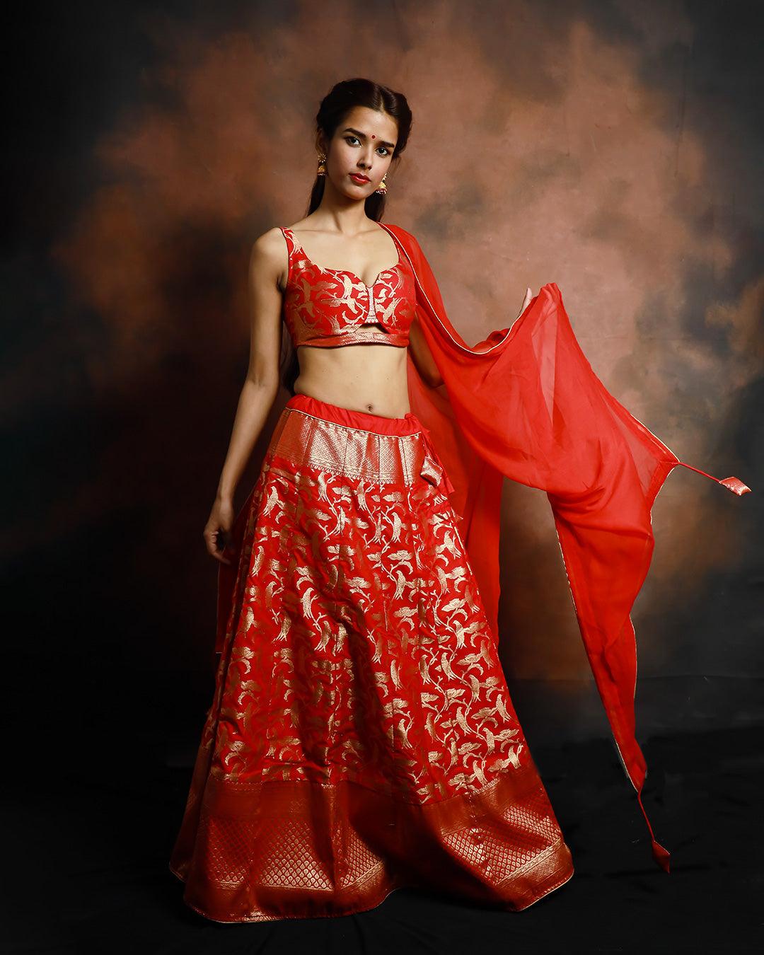 Jayanti Reddy Red Raw Silk Blouse And Lehenga With Dupatta (Set Of 3) –  Nykaa Fashion