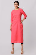 Silkfab Women's Cotton Flax Kurta Side Pin Tucks Strawberry - SILKFAB