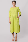 Silkfab Women's Cotton Flax Kurta Side Pin Tucks Florocent Green - SILKFAB