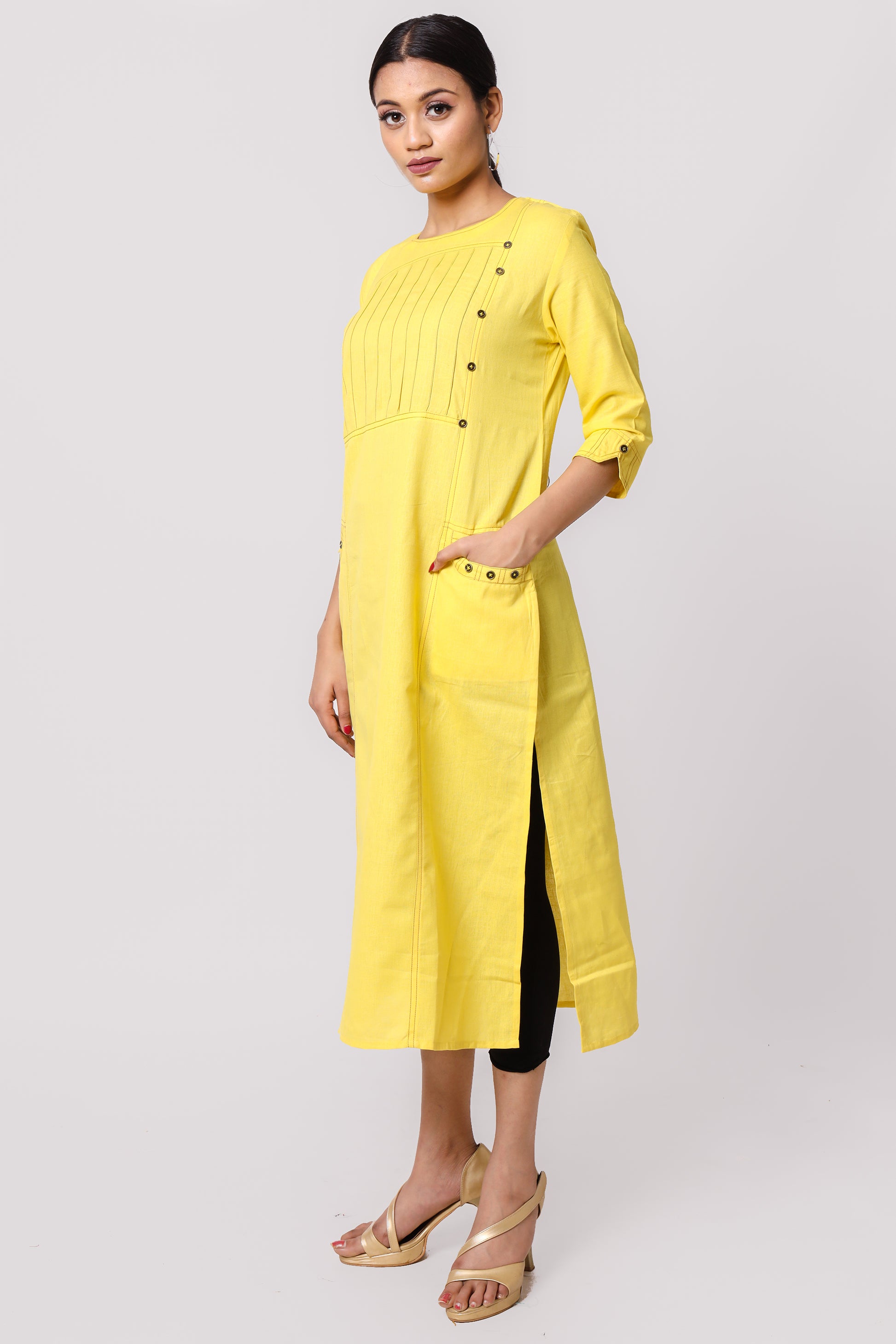Silkfab Women's Cotton Flax Kurta Side Pin Tucks Yellow - SILKFAB