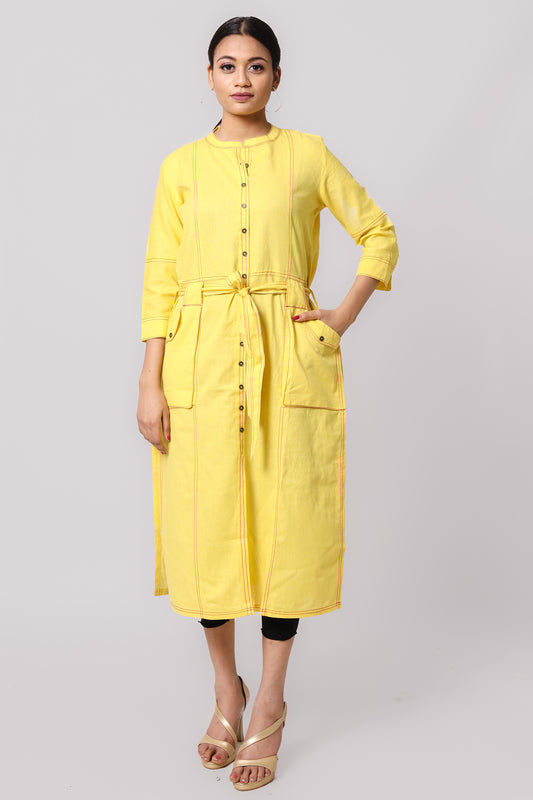 Silkfab Women's Cotton Flax Kurta Long Denim  Stitch Belt Yellow - SILKFAB
