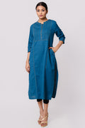 Silkfab Women's Cotton Flax Kurta Denim Stitch Pin Tucks Peacock Blue - SILKFAB