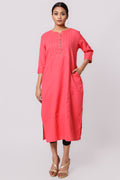 Silkfab Women's Cotton Flax Kurta Denim Stitch Pin Tucks Strawberry - SILKFAB