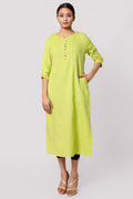 Silkfab Women's Cotton Flax Kurta Denim Stitch Pin Tucks F Green - SILKFAB