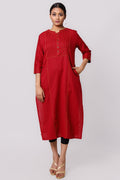 Silkfab Women's Cotton Flax Kurta Denim Stitch Pin Tucks Maroon - SILKFAB
