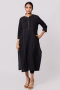 Silkfab Women's Cotton Flax Kurta Denim Stitch Pin Tucks Black - SILKFAB