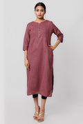 Silkfab Women's Cotton Flax Kurta Denim Stitch Pin Tucks Onion Pink - SILKFAB
