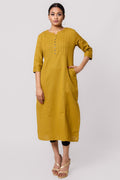 Silkfab Women's Cotton Flax Kurta Denim Stitch Pin Tucks Mustard - SILKFAB