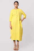 Silkfab Women's Cotton Flax Kurta Denim Stitch Pin Tucks Yellow - SILKFAB