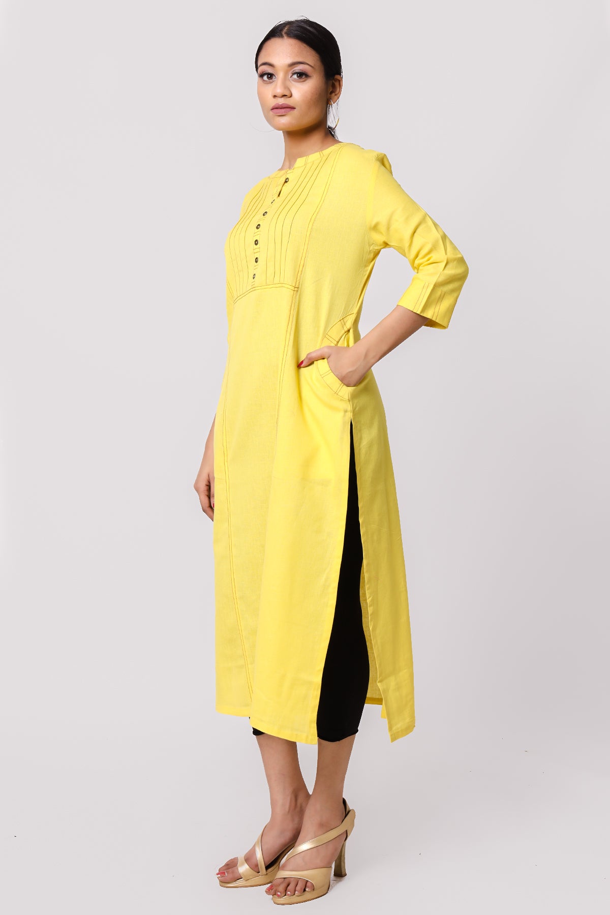 Silkfab Women's Cotton Flax Kurta Denim Stitch Pin Tucks Yellow - SILKFAB
