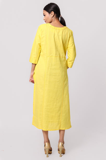 Silkfab Women's Cotton Flax Kurta Denim Stitch Pin Tucks Yellow - SILKFAB