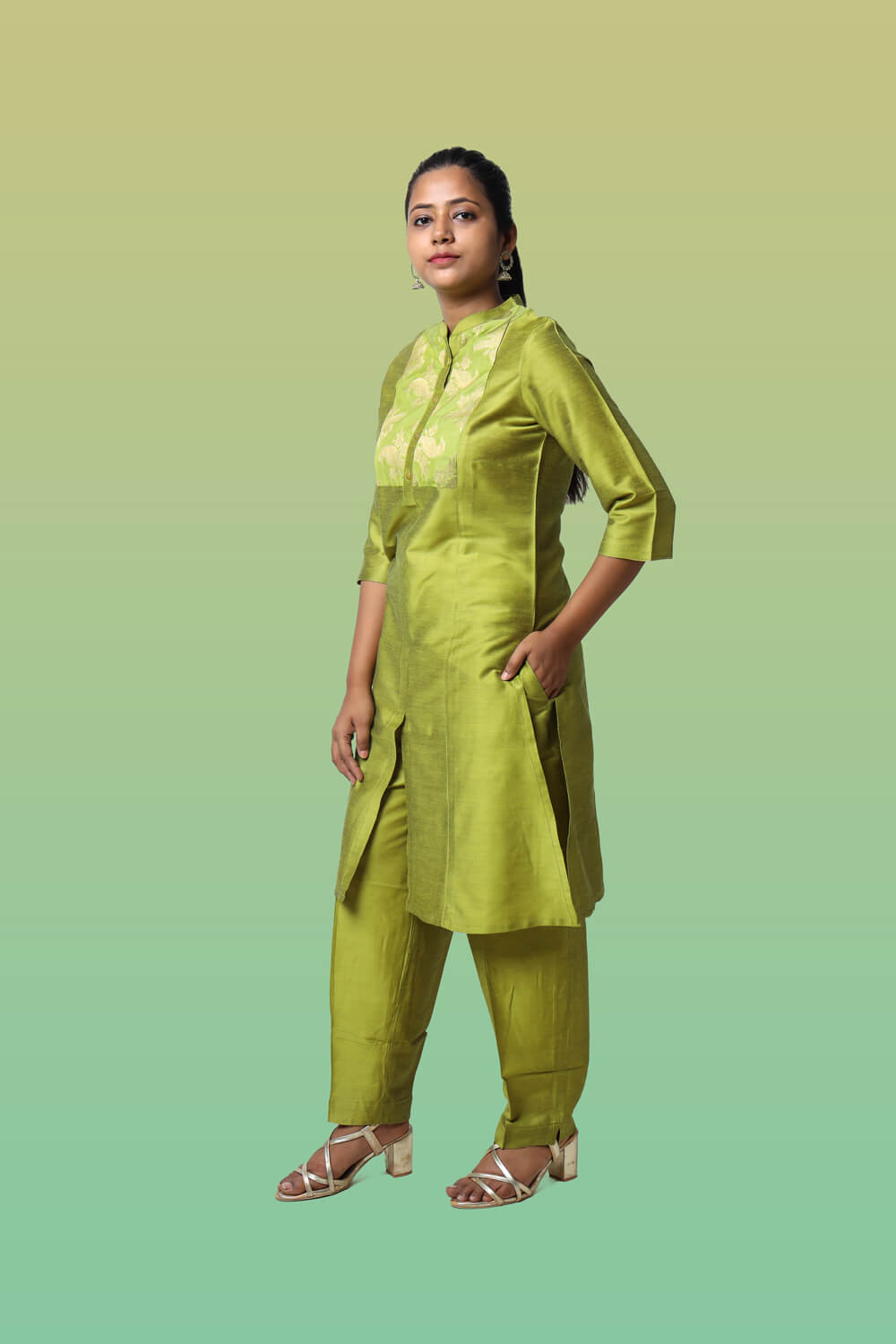 Silkfab Women's Banarasi Silk Pista Green Solid Kurti Pant Set - SILKFAB