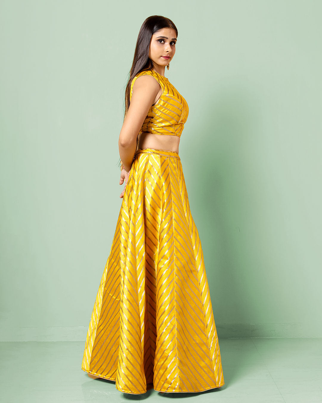 Banarasi Silk Satin Striped Yellow Lehenga Set With Designer Blouse - SILKFAB