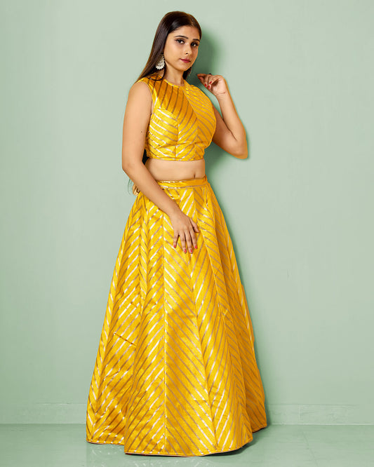 Banarasi Silk Satin Striped Yellow Lehenga Set With Designer Blouse - SILKFAB