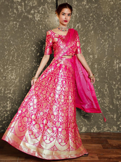 Banarasi Silk Pink Lehenga Set Floral Motif With Chiffon Dupatta - SILKFAB