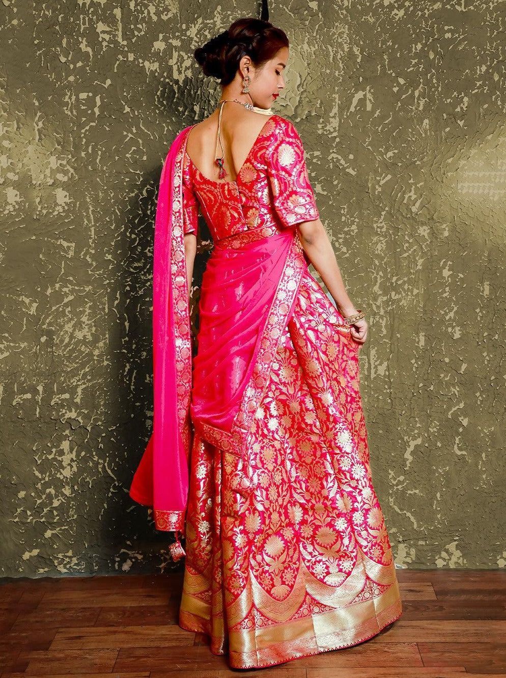 Banarasi Silk Pink Lehenga Set Floral Motif With Chiffon Dupatta - SILKFAB