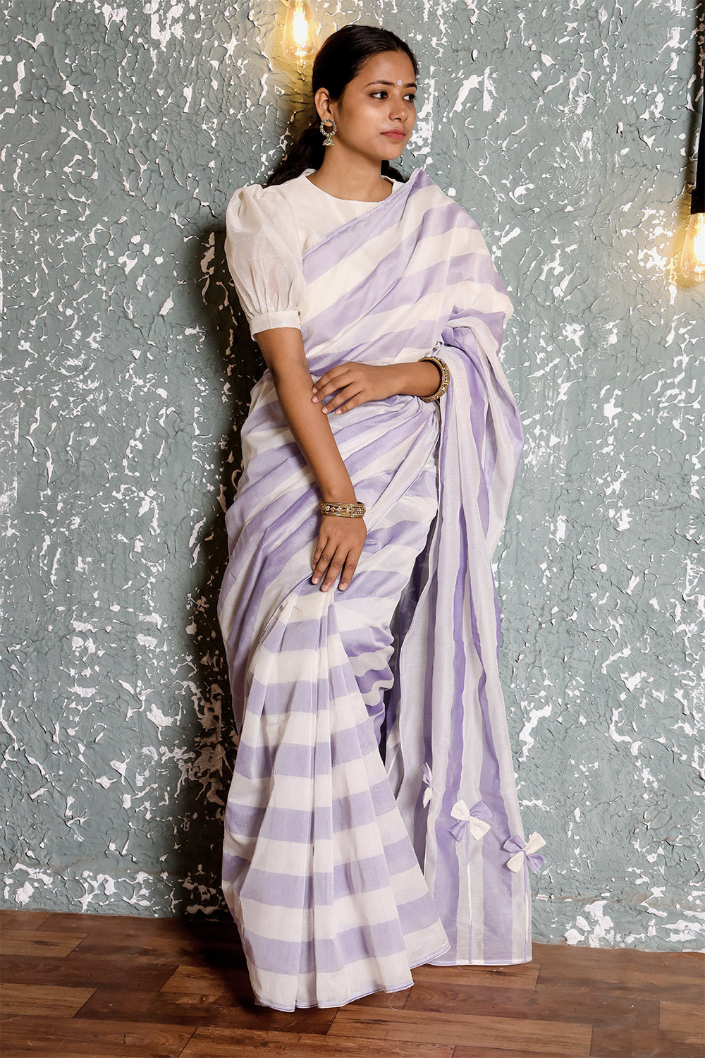 Silk Cotton Saree Mercerized Blue White Stripe Handcrafted Designer - SILKFAB