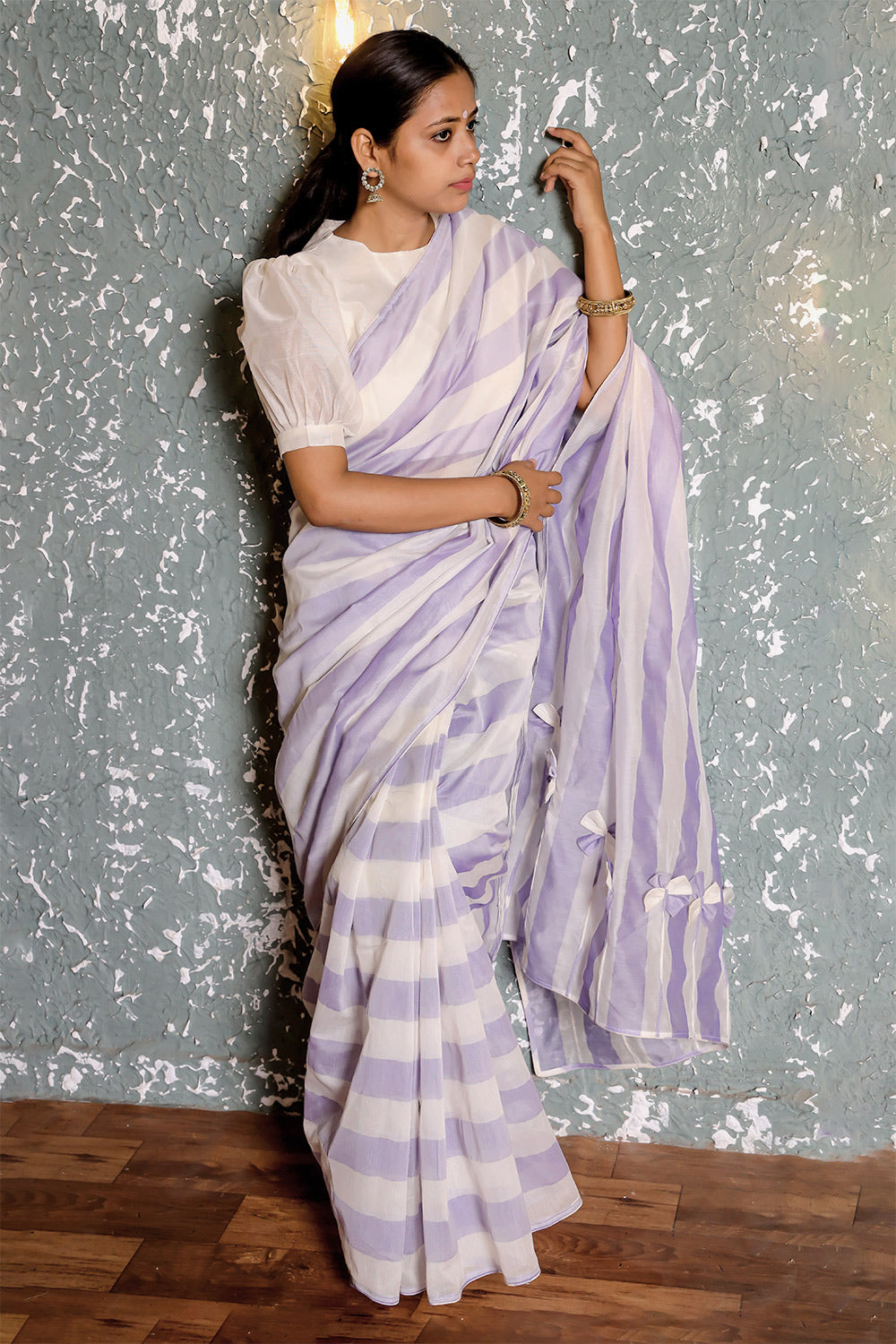 Silk Cotton Saree Mercerized Blue White Stripe Handcrafted Designer - SILKFAB