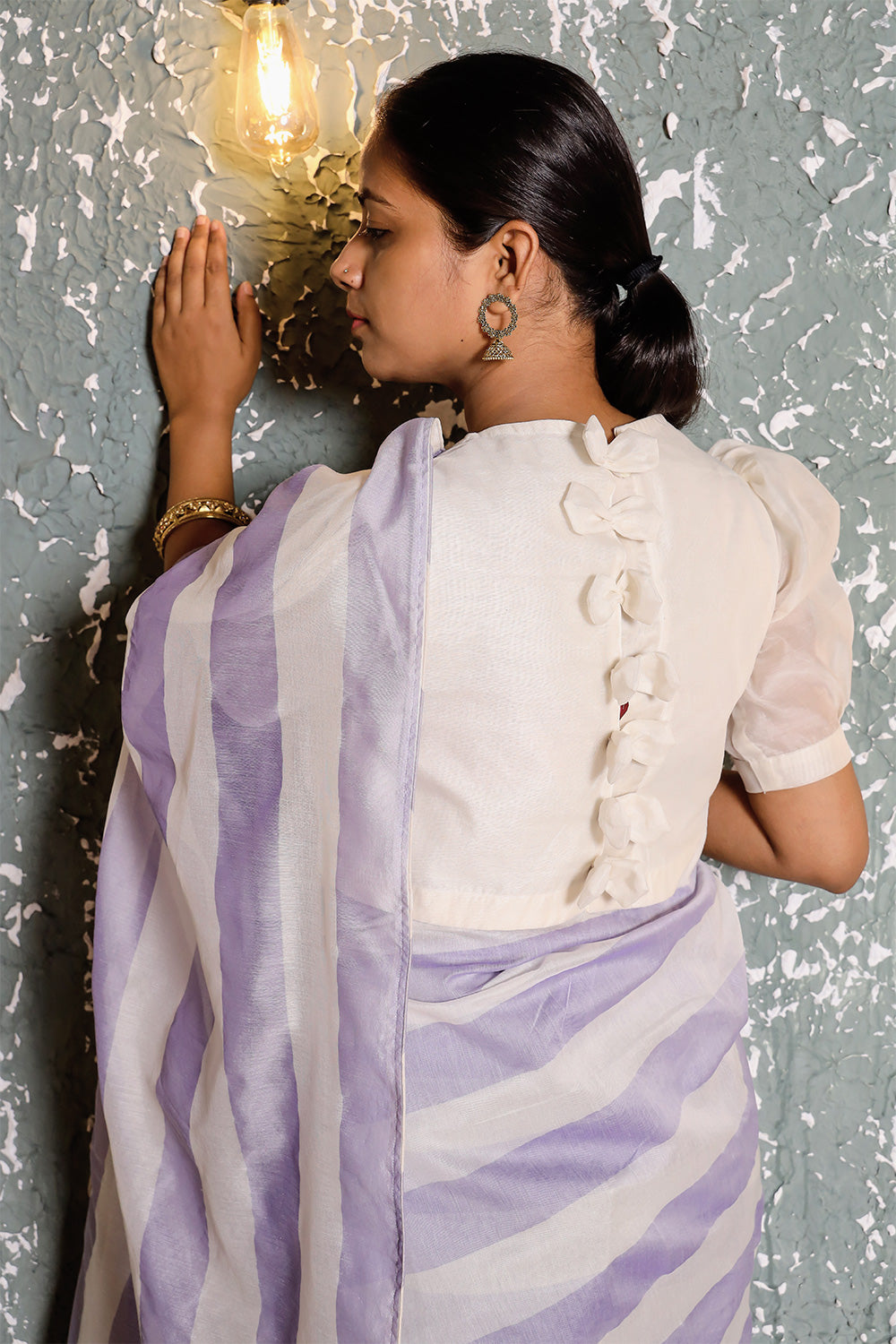 Silk Cotton Saree Mercerized Blue White Stripe Handcrafted Designer - SILKFAB