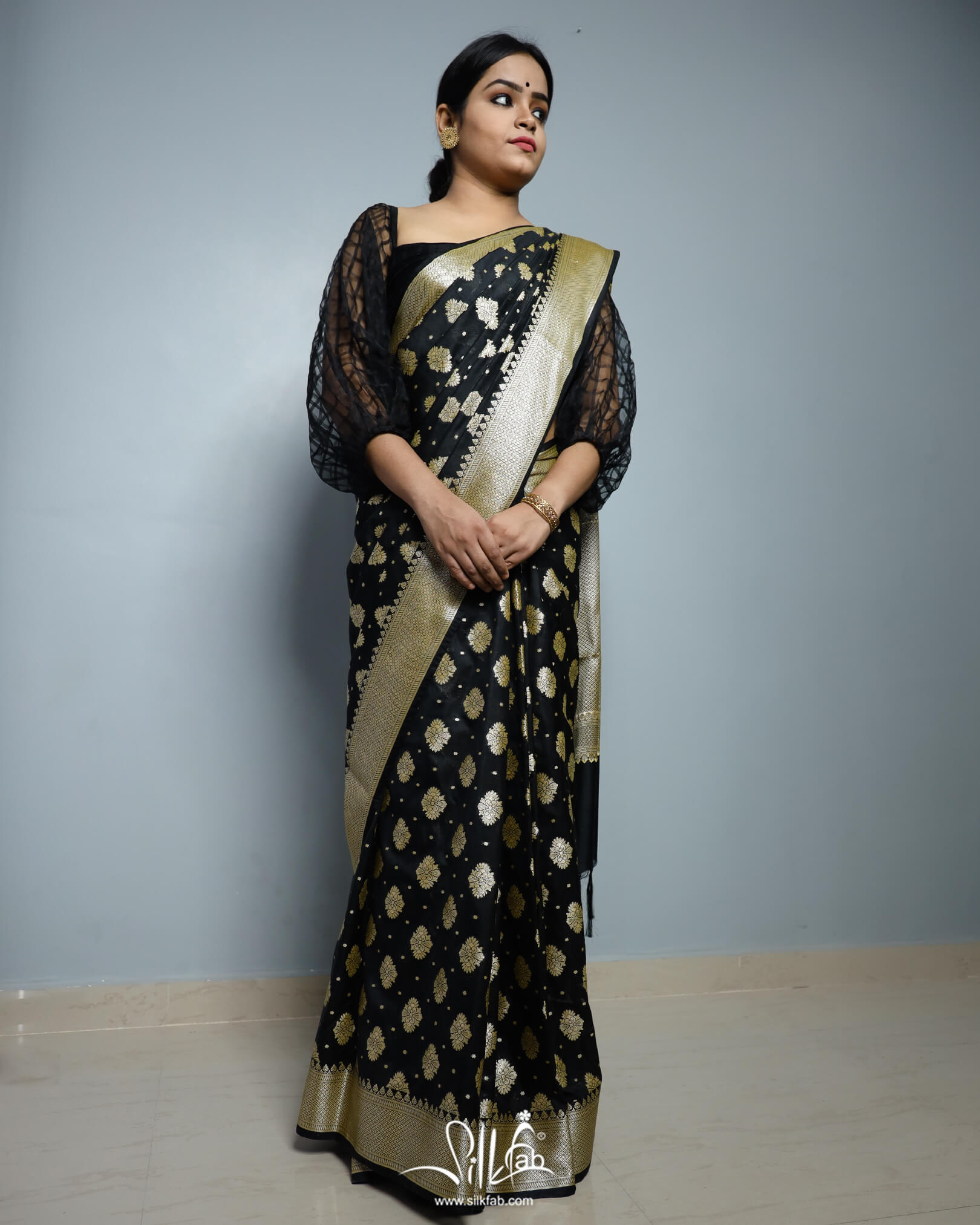 Silkfab Women Banarasi Silk Saree Khaddi Floral Konia Black - SILKFAB