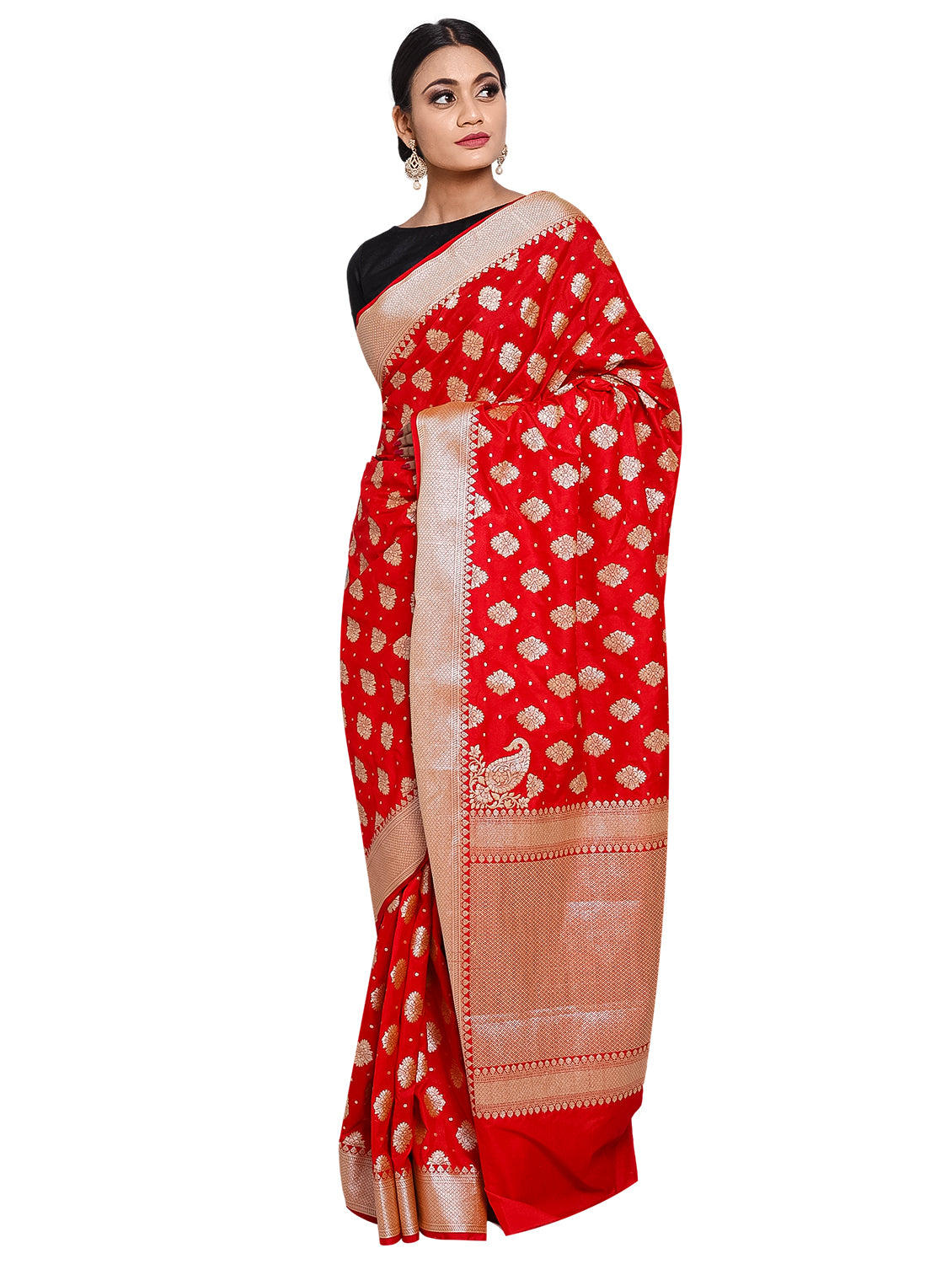 Silkfab Women Banarasi Silk Saree Khaddi Floral Konia Red - SILKFAB
