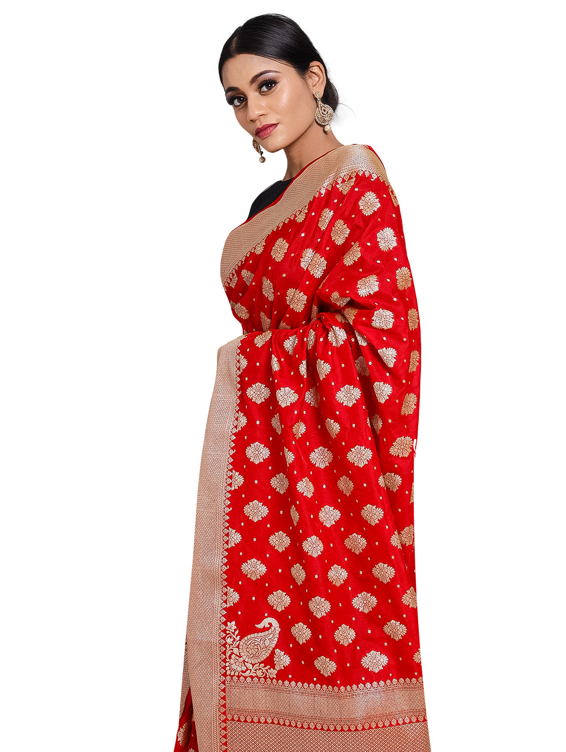 Silkfab Women Banarasi Silk Saree Khaddi Floral Konia Red - SILKFAB