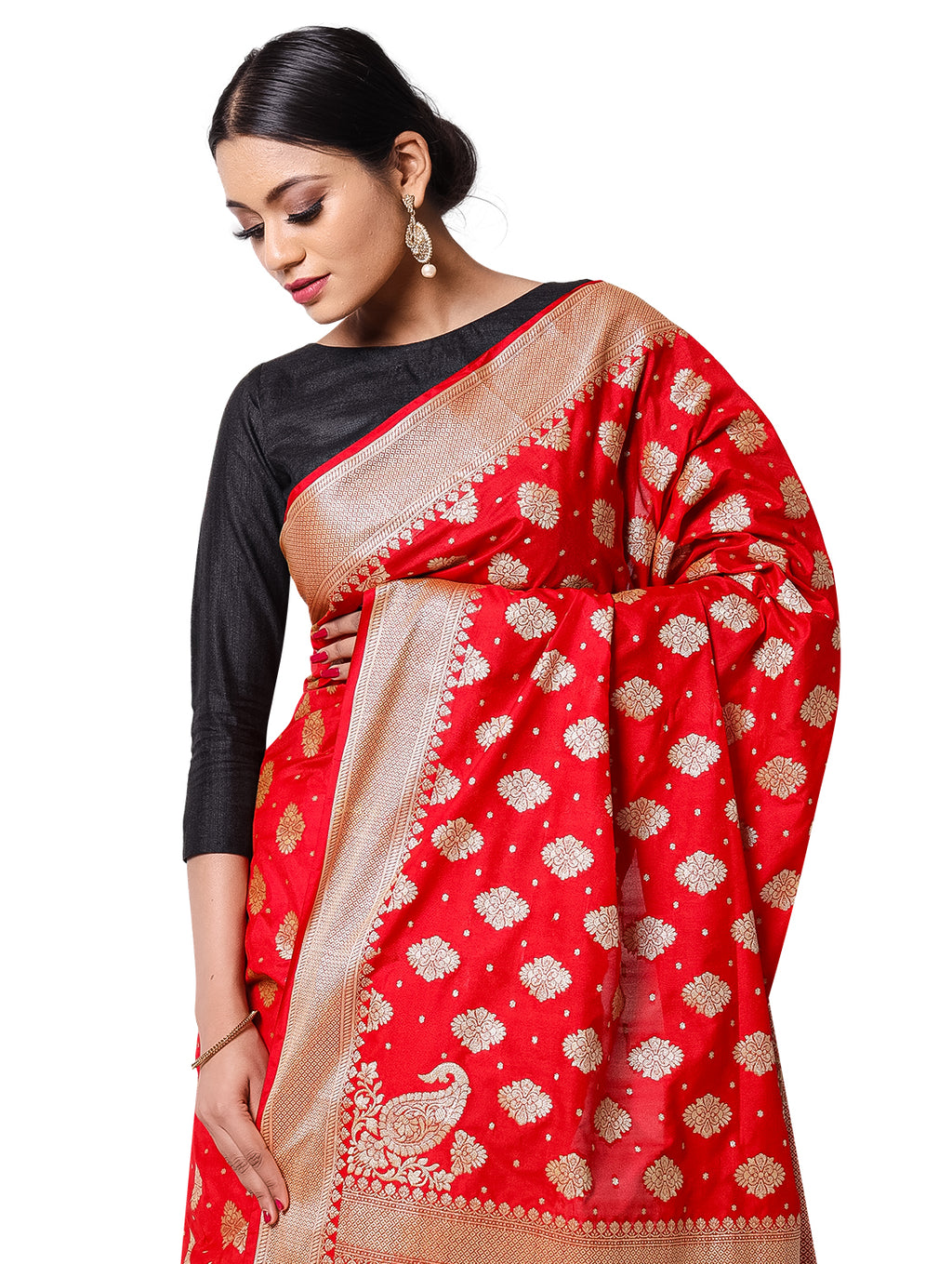 Silkfab Women Banarasi Silk Saree Khaddi Floral Konia Red - SILKFAB