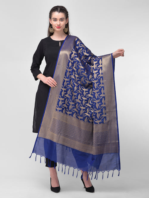 Silkfab Women's Banarasi Silk Dupatta Shikargah Bird Jaal Navy Blue - SILKFAB