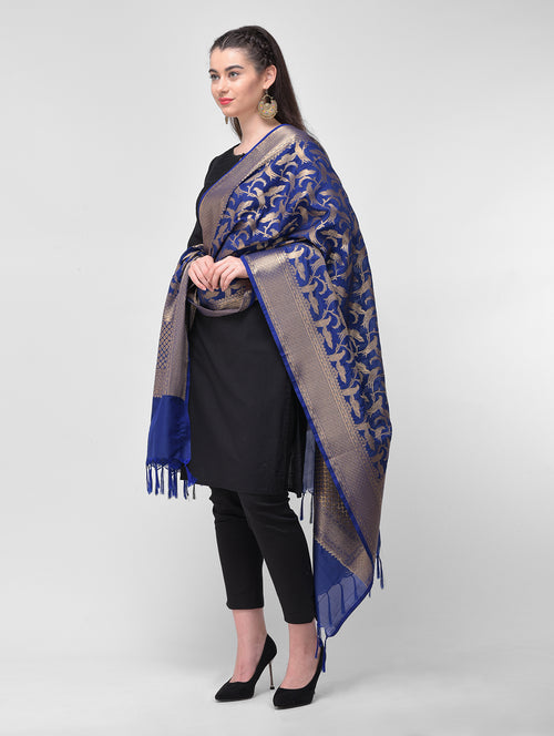Silkfab Women's Banarasi Silk Dupatta Shikargah Bird Jaal Navy Blue - SILKFAB