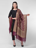 Silkfab Women's Banarasi Silk Dupatta Shikargah Bird Jaal Wine - SILKFAB