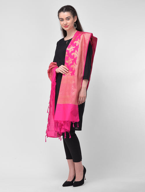 Silkfab Women's Banarasi Silk Dupatta Shikargah Cuckoo Fuchsia - SILKFAB