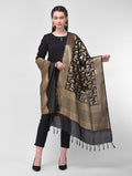 Silkfab Women's Banarasi Silk Dupatta Shikargah Bird Jaal Black - SILKFAB